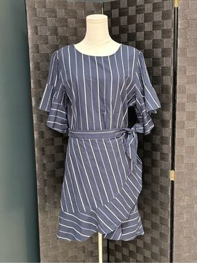 Express Navy Nautical Faux Wrap Midi Dress Ruffle Hem
